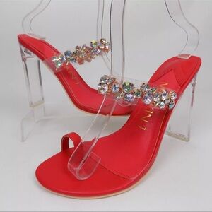 Mackin J Elegant Red Heeled Sandals with Crystal Embellishments